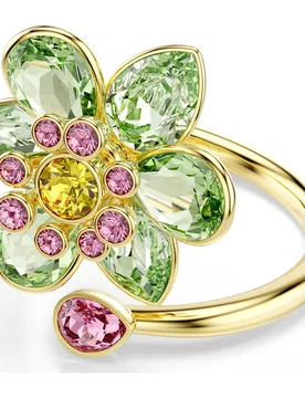 Anello aperto Idyllia, Taglio misto, Fiore, Verde, Finitura oro 18K 55 - Swarovski - FashionsVida