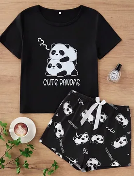 Lindo conjunto de pijama de 2 piezas para dama con estampado de panda, de manga corta y short XXL - Shein - FashionsVida