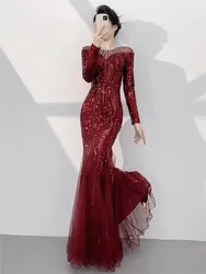 A new sequined fishtail wine red toasting dress for the host of sensory event