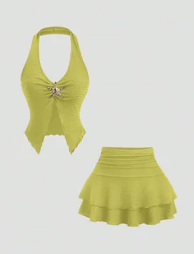 Conjunto de top corto con escote profundo en V y espalda descubierta, emparejado con falda casual con hebilla metálica de diseño retro para vacacion - Shein - FashionsVida
