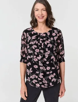 Women's Floral Relaxed 1/2 Puff Sleeve Blouse in Black Size: 12 - Black - Size: 12 - Izabel London - FashionsVida