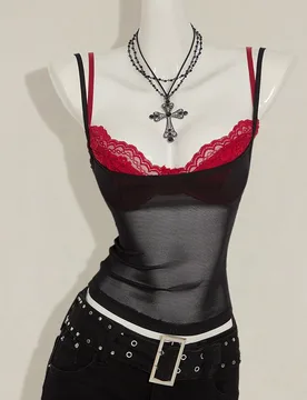 Set de 2 piezas: Camiseta de tirantes finos de encaje negro y camiseta de gasa roja para mujer XXS - Shein - FashionsVida