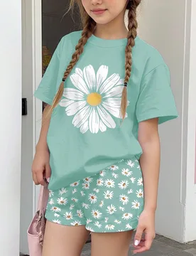 Conjunto de 2 piezas de camiseta de manga corta de cuello redondo y pantalones cortos con estampado de margaritas bohemio de lavanda, estilo casual mi - Shein - FashionsVida