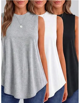 Piezas de camisetas sin mangas de cuello redondo holgadas de unicolor para mujer, mezcla de poliéster, lavables a máquina, suaves para todas las est - Shein - FashionsVida