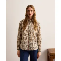 Camisa de mujer con print botánico y contraste en terciopelo