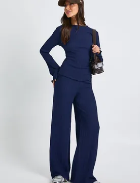 Womens Textured Long Sleeve Lettuce Hem Top & Trouser Co Ord - Navy - Size 8 Uk - Boohoo - FashionsVida
