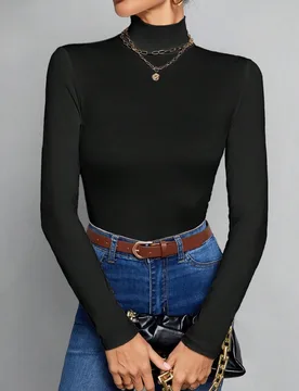 Top de cuello alto ajustado de unicolor simple, adecuado para otoño e invierno, para mujeres altas Tall L - Shein - FashionsVida