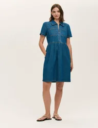 Denim Collared Knee Length Dress Mid Blue female