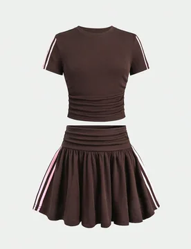 Conjunto de top corto y falda para niña preadolescente, estilo casual y lindo de verano, tejido de punto marrón con textura y ribete de cinta rosa, - Shein - FashionsVida
