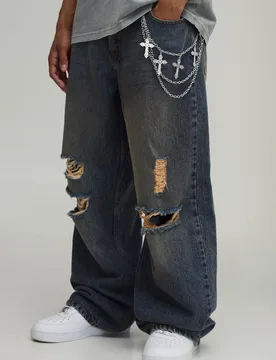 Mens Ripped Knee Tinted Wash Chain Detail Super Baggy Fit Jeans - Blue - boohooMAN - FashionsVida