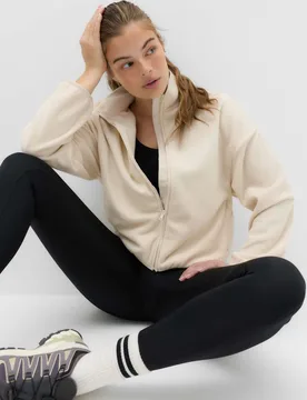 Zip Up Funnel Neck Relaxed Fleece Jacket Ecru female - Goodmove - FashionsVida