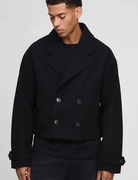 Herren Zweireihiger Kurz Geschnittener Melton-Mantel Black Größe Small - boohooMAN - FashionsVida