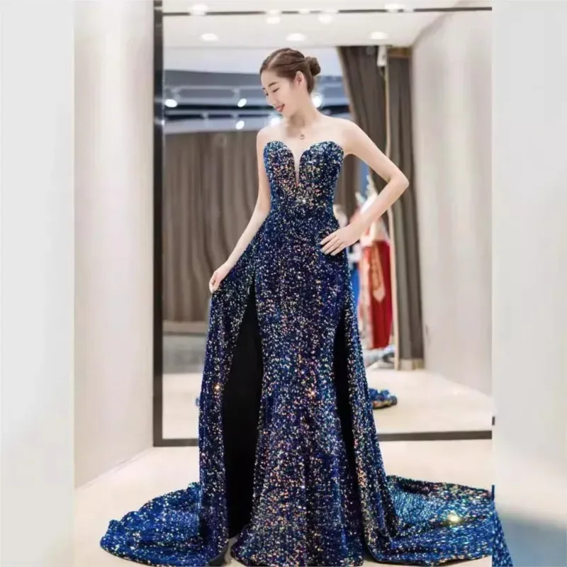 A new sequined strapless blue dress for hosting banquet - Aliexpress - FashionsVida