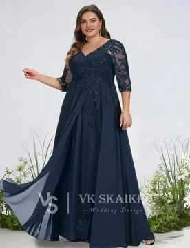 A Dark Navy Elegant A-Line V-Neck Floor-Length Lace Chiffon Evening Dress With Sequins Sheer Sleeves Prom Dresses Wedding Party - Aliexpress - FashionsVida
