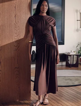 Women's Petite Premium Ruched Jersey Maxi Dress in Chocolate Size: XS - Chocolate - Size: XS - Karen millen - FashionsVida