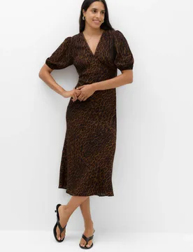 Animal Print V-Neck Midi Tea Dress Brown Mix female - M&S - FashionsVida