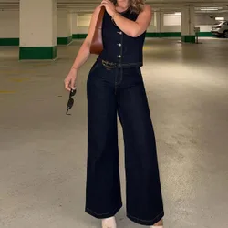 Conjunto de 2 piezas de chaleco y pantalones de mezclilla casual para mujer, minimalista y de moda para uso diario L