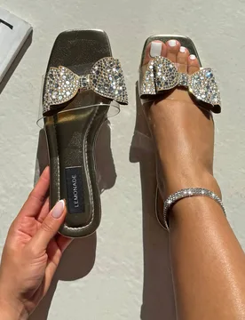 Women's Sparkle Glam Bow Jelly Strap Sliders in Gold Size: 3 - Gold - Size: 3 - Love Lemonade - FashionsVida