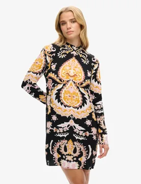 Superdry Damen Langärmeliges Minikleid mit Print Schwarz - Größe: 38 - 89.99 - FashionsVida