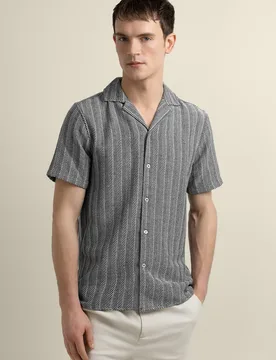 Mens Twill Jacquard Stripe Short Sleeve Shirt - - Size: S - Larsson & Co - FashionsVida