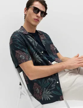 Linen Rich Hawaiian Shirt Navy Mix male - M&S - FashionsVida