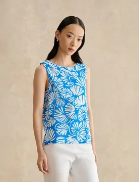 Pure Cotton Fern Print Crew Neck Top Blue Mix female - Hobbs - FashionsVida