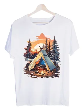Men's Camping Tent and Sunset Graphic Tee, Short Sleeve Crew Neck T-Shirt for Outdoor Casual and Adventure Outfits - Aliexpress - FashionsVida