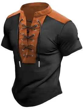 Men's retro-style drawstring short-sleeved T-shirt with color-blocked design, slim fit, fashionable polo shirt, unique style - Aliexpress - FashionsVida