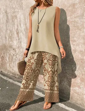Conjunto casual bohemio para mujer con top de cuello redondo de unicolor y pantalones con estampado integral, para vacaciones y viajes, en color caqui - Shein - FashionsVida