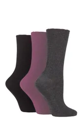 Women's 3 Pair Patterned Plain and Striped Bamboo Socks Black / Charcoal / Damson Ribbed 4-8 Ladies - Assorted - Size: Small