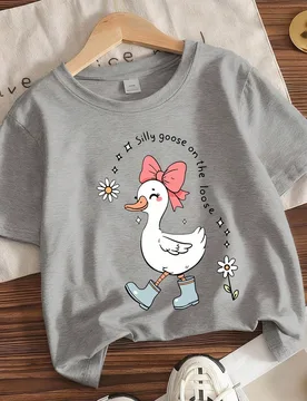 Camiseta de manga corta con estampado de pato de dibujos animados para niñas, adecuada para primavera y verano, que muestra vitalidad juvenil, linda - Shein - FashionsVida