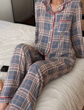 Conjunto de pijama con top de cuello de solapa con ribete a contraste y pantalones a cuadros, ropa de invierno L - Shein - FashionsVida