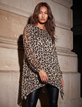Metallic Animal Print Asymmetric Tunic Top Natural Mix female - Roman - FashionsVida