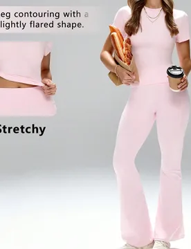 Conjunto de 2 piezas para mujer, top de manga corta con cuello redondo y cintura elástica, ajuste ceñido, estilo deportivo casual, rosa, verano XL - Shein - FashionsVida