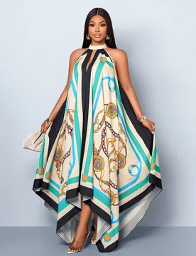Vestido largo de verano y primavera elegante y sexy para mujer de talla grande, sin mangas, con tirantes colgantes, cuello cuadrado, con estampado de - Shein - FashionsVida