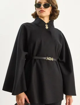 Womens Textured Overcoat With Button Closure - Black - Size Small/medium - Bianco Lucci - FashionsVida