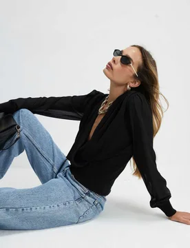 V-Neck Blouson Sleeve Blouse Black female - River Island - FashionsVida