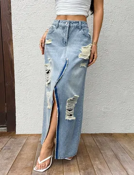 Falda vaquera larga casual con lavado y desgaste, con abertura frontal L - Shein - FashionsVida