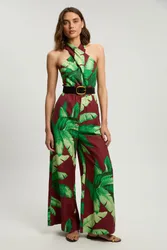 Womens Viscose Linen Palm Tree Belted Halterneck Woven Jumpsuit - Multicolour - Size 6 Uk