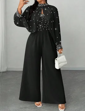 Conjunto de 2 piezas de talla grande para mujer: Blusa elegante de fiesta, banquete o boda con cuello alto, manga larga, decorada con cuentas y crista - Shein - FashionsVida