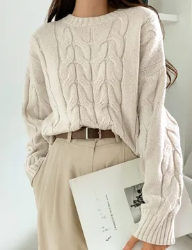 Suéter de punto de cable sólido con hombros caídos, tops de manga larga, ropa de otoño L - Shein - FashionsVida