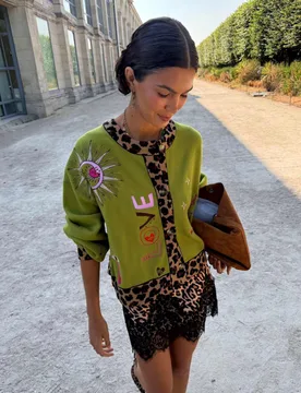Embroidered Crew Neck Relaxed Cardigan Khaki Mix female - Never Fully Dressed - FashionsVida