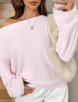 Suéter de manga larga con hombro asimétrico holgado y casual para mujer, perfecto para el Día de San Valentín, otoño, playa, brunch y vacaciones, - Shein - FashionsVida