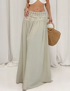 Falda larga de lino tipo apricot de ajuste relajado para mujer, falda larga extra de cintura baja, nueva prenda de verano, falda de diseño retro, fal - Shein - FashionsVida