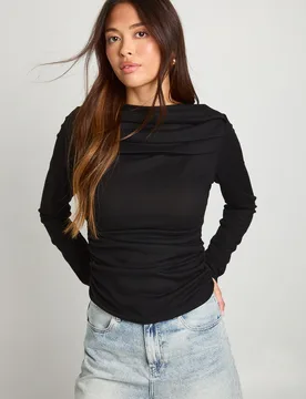 Womens Ribbed Draped Front Long Sleeve Top - Black - Size 8 Uk - Boohoo - FashionsVida