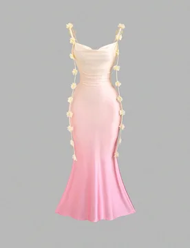 Vestido elegante de mujer con tirantes de espagueti, cintura ceñida de punto elástico y estampado floral en degradado amarillo y rosa XS - Shein - FashionsVida