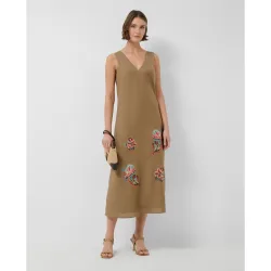 Vestido sin mangas lino con bordado floral de mujer