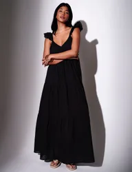 Pure Cotton Frill Sleeve Maxi Tiered Beach Dress Black female