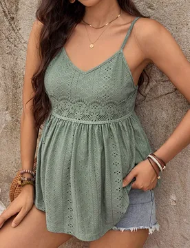 Top informal tipo babydoll sin mangas para maternidad con contraste de encaje bordado para vacaciones M - Shein - FashionsVida