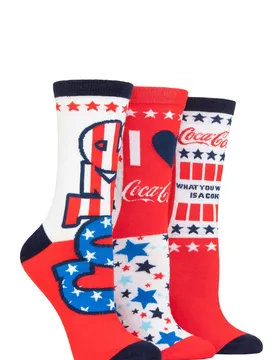 Women's 3 Pair Stars and Stripes Cotton Socks Multi 4-8 - Multi Coloured - Size: Small - Coca Cola - FashionsVida